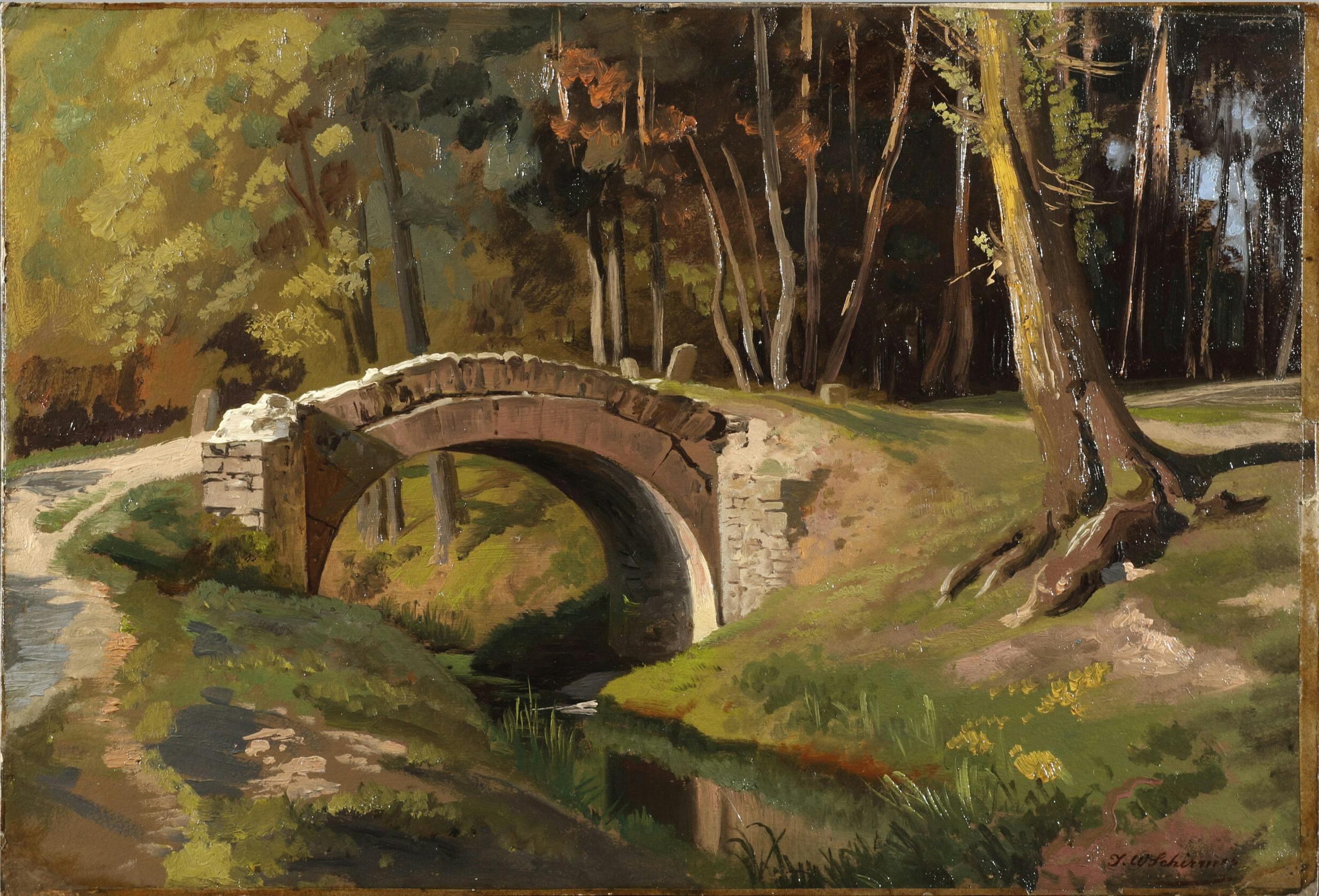 Das Gemälde zeigt eine halbrunde Bogenbrücke über einem kleinen Bach im Wald. Das Bild ist in herbstlichen Farben gehalten.